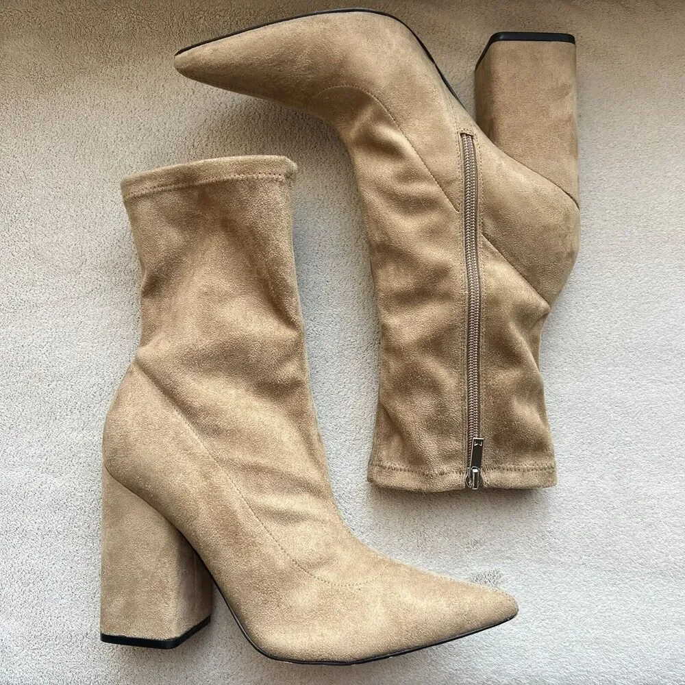 Marc Fisher LTD Larry Sock Ankle Boot Women 9 M Tan Faux Suede Pointed Toe Block - Picture 3 of 15